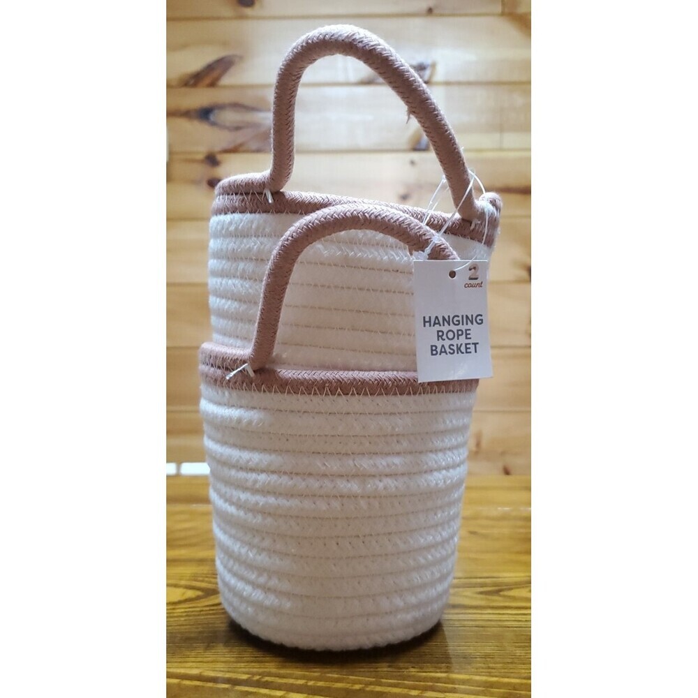 2ct Hanging Rope Baskets Cream/pink(rose) flower pot , herb, great for any plant